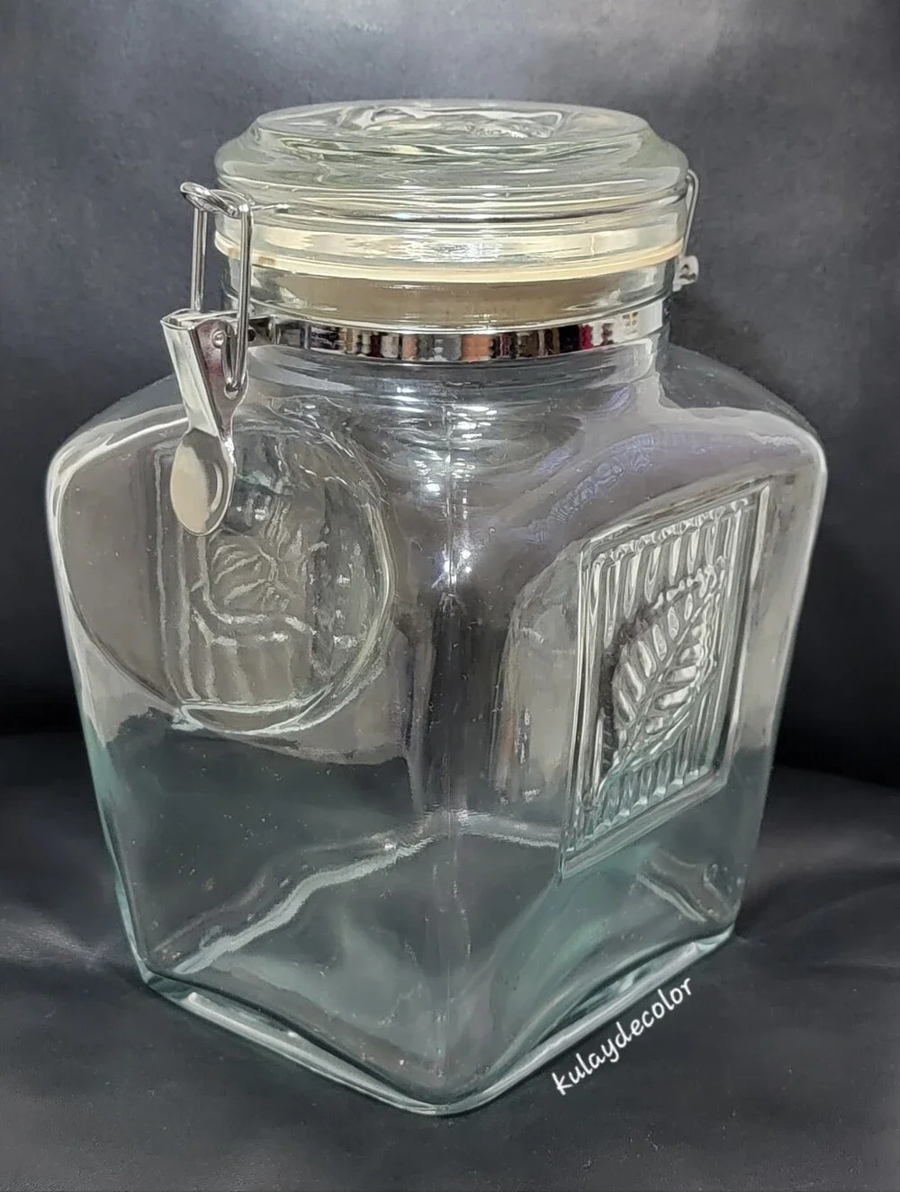 Vintage Large Glass Canister Embossed Leaf Hermetic Jar Hinged Bail Lid 8.75